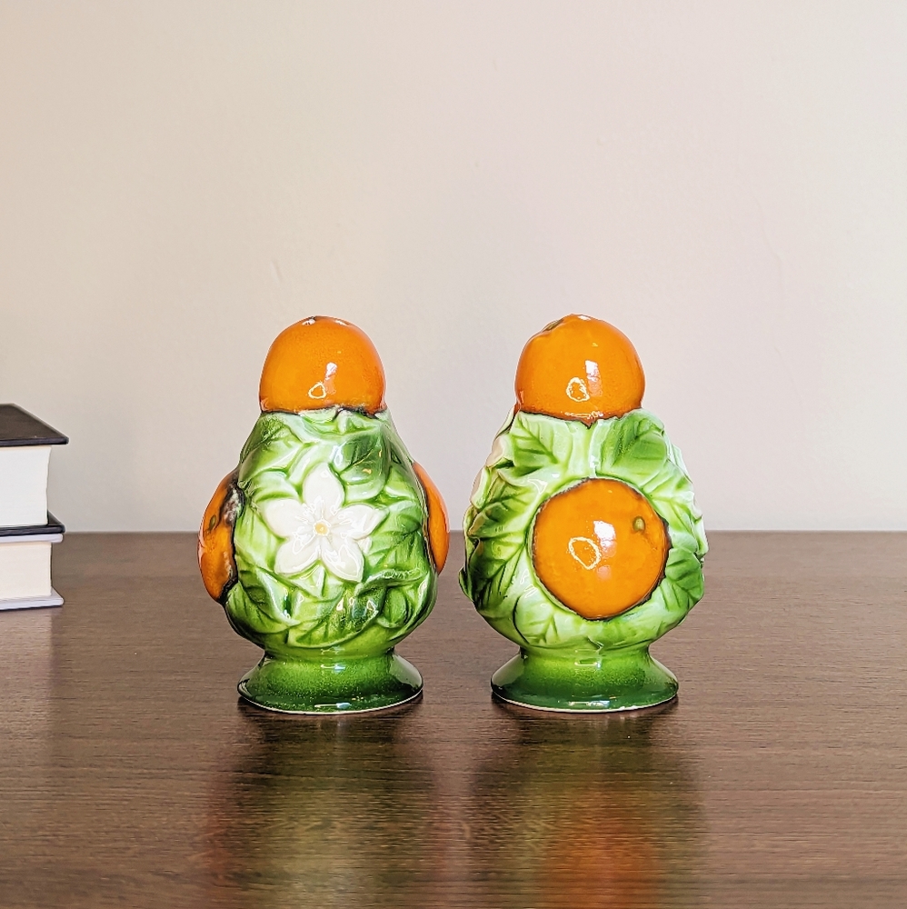 Vintage 1960s Japanese Orange & Blossom Ceramic Salt & Pepper Shaker Pair